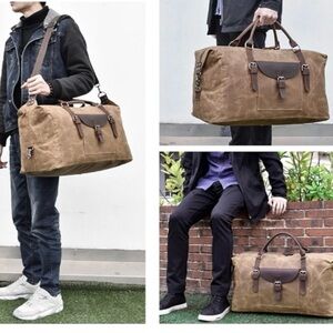 NEWHEY Oversized Leather Travel Duffle Bag Read Waxed Canvas Water Resistant